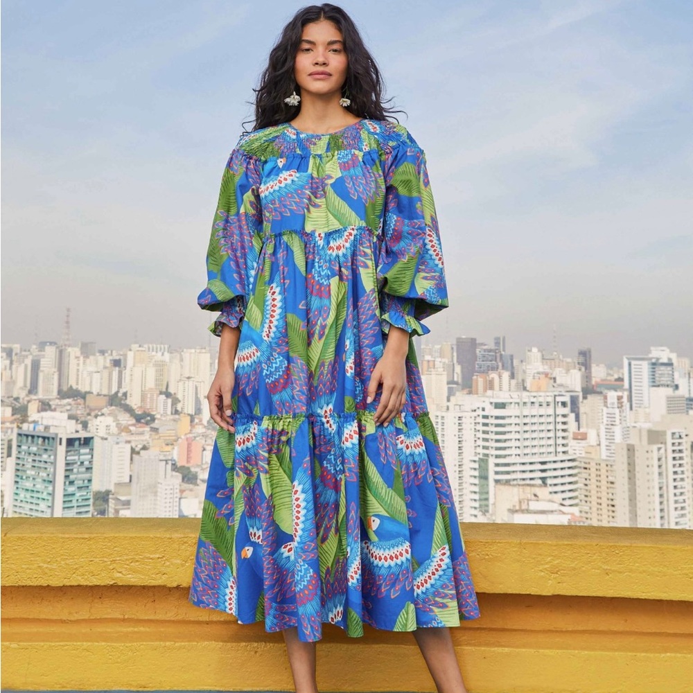 FARM Rio Blue Macaw Long Sleeve Midi Maxi Dress